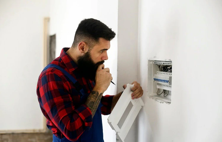 Technicien barbu inspectant un tableau électrique mural