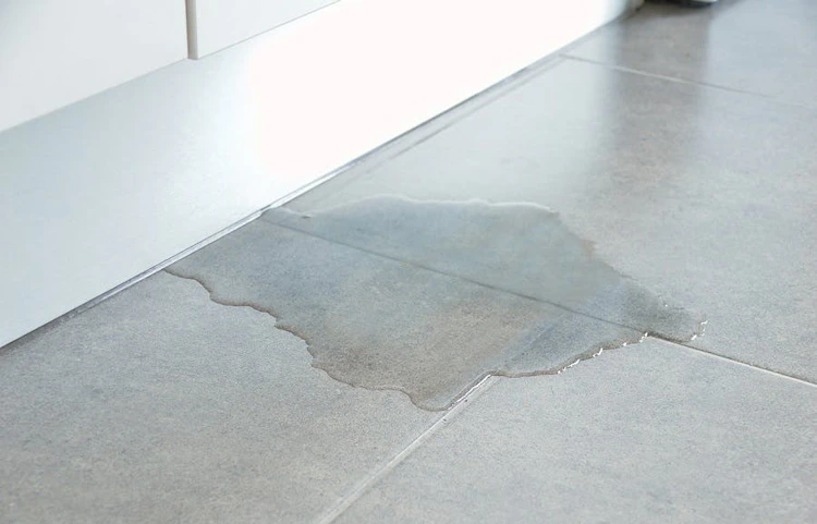Flaque d'eau sur un sol carrelé gris, signe d'une fuite d'eau dans le sol