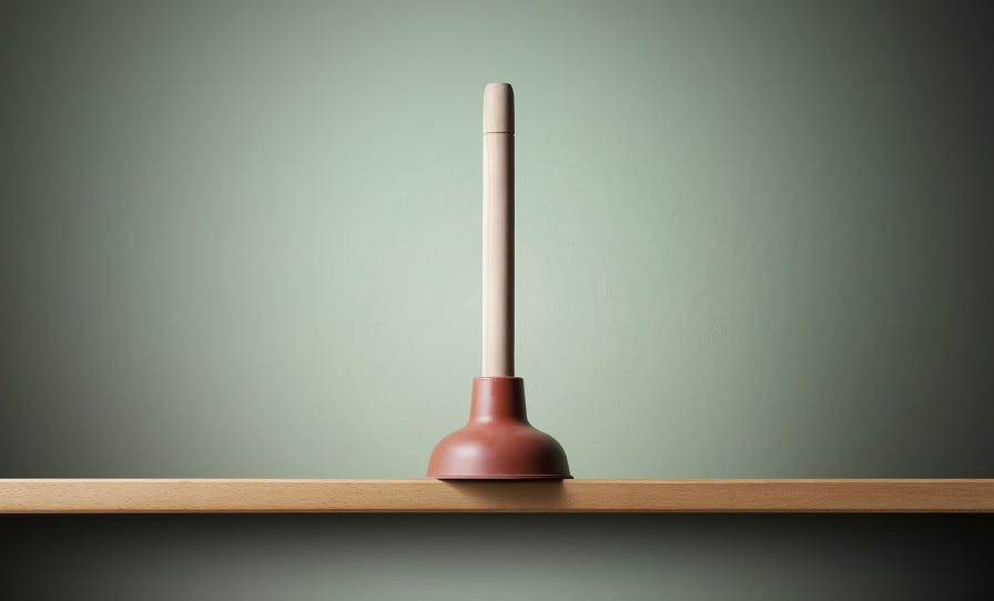 Ventouse de plomberie posée sur une étagère en bois devant un mur vert