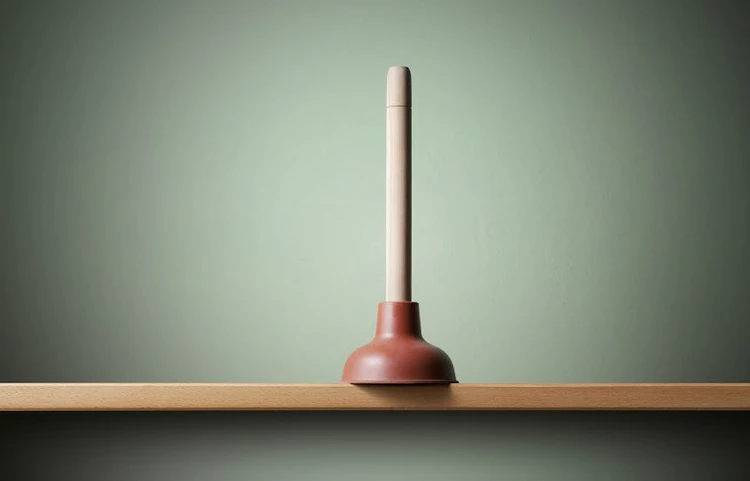 Ventouse de plomberie posée sur une étagère en bois devant un mur vert