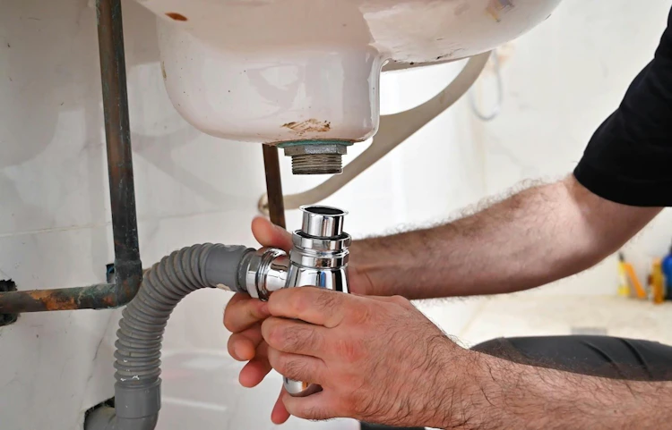 Technicien réparant la tuyauterie sous un lavabo blanc