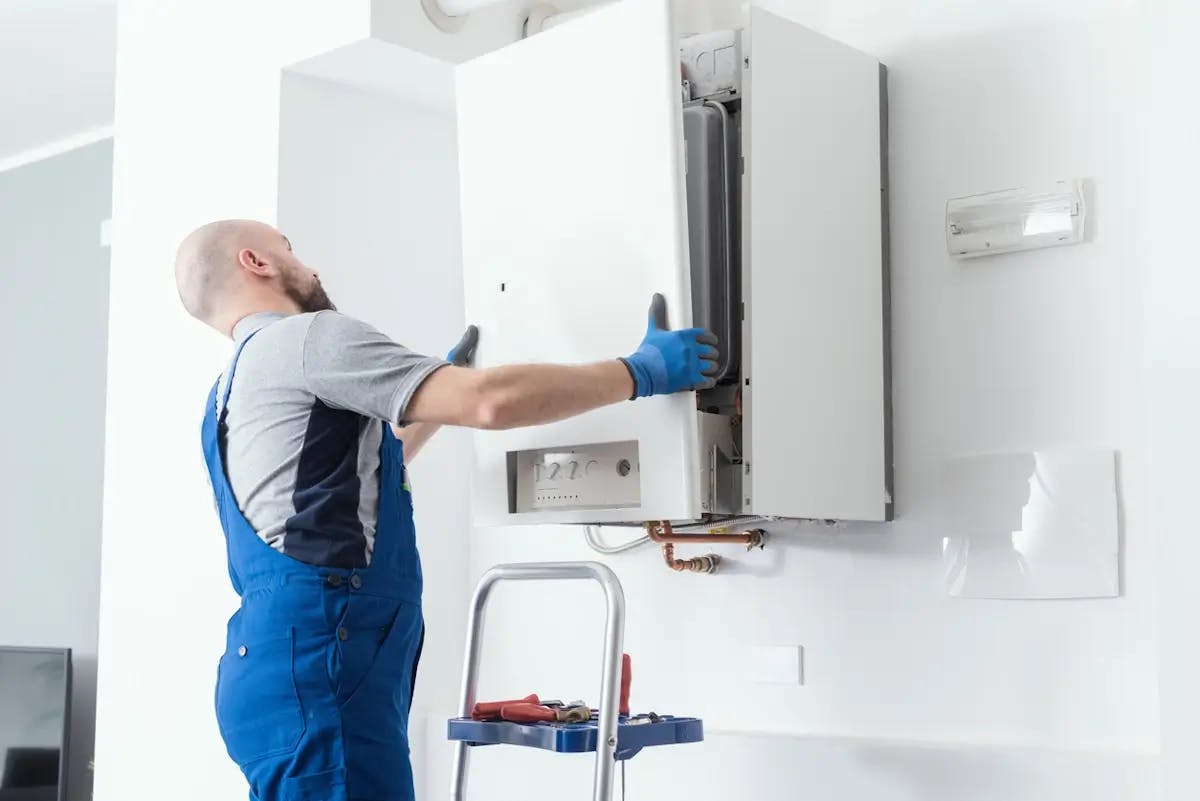 Technicien en bleu installant une chaudière murale blanche