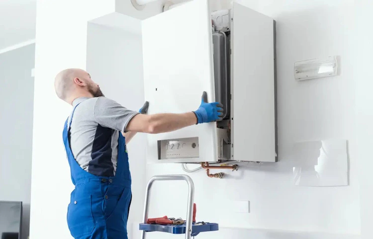 Technicien en bleu installant une chaudière murale blanche