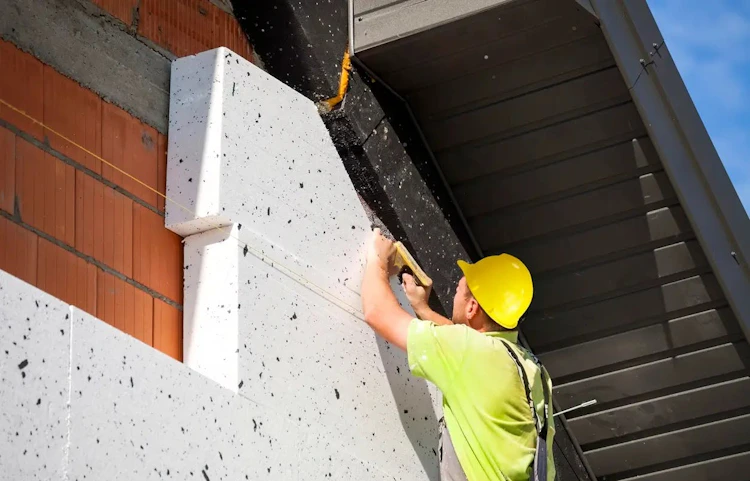 Ouvrier posant des panneaux isolants sur façade de bâtiment