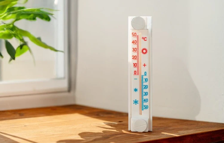 Thermomètre mural posé sur un rebord en bois près d'une fenêtre
