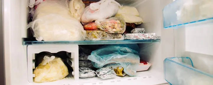 Congélateur en panne rempli d'aliments en sacs plastique