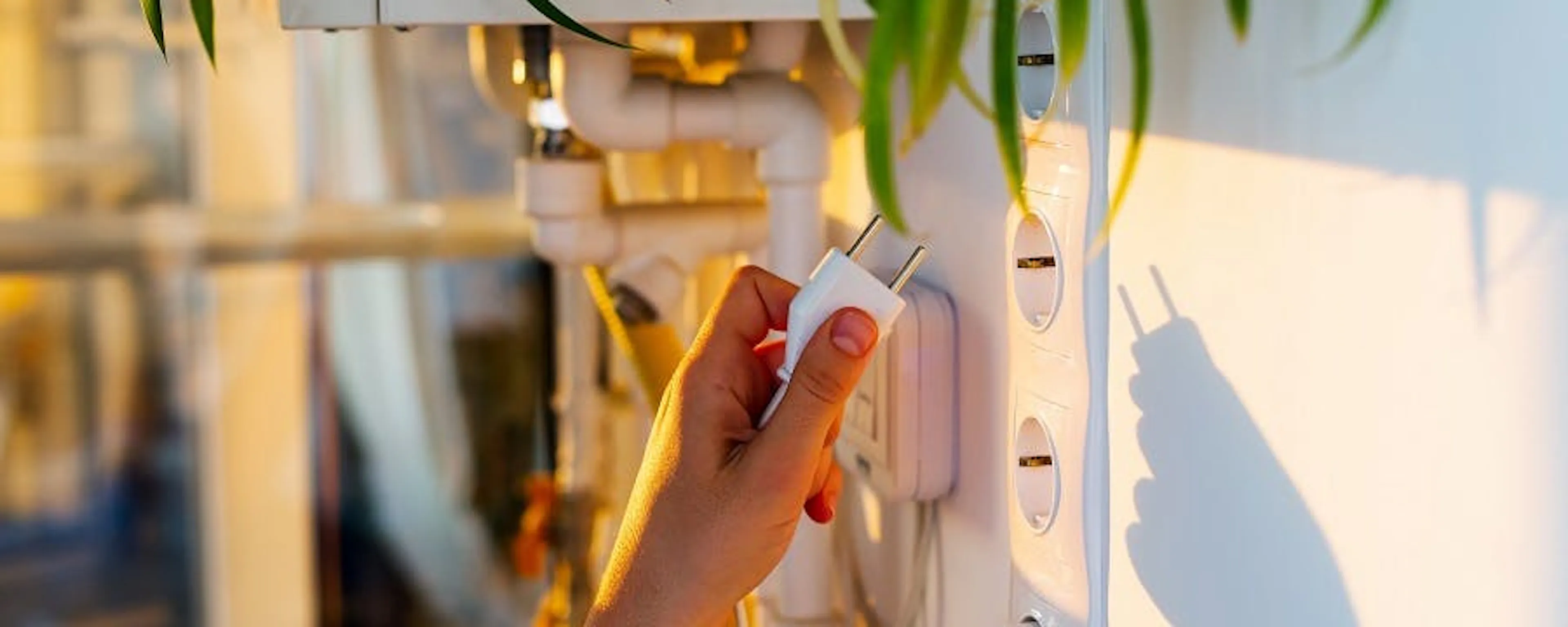 Main branchant une fiche dans une prise électrique murale blanche qui ne fonctionne plus