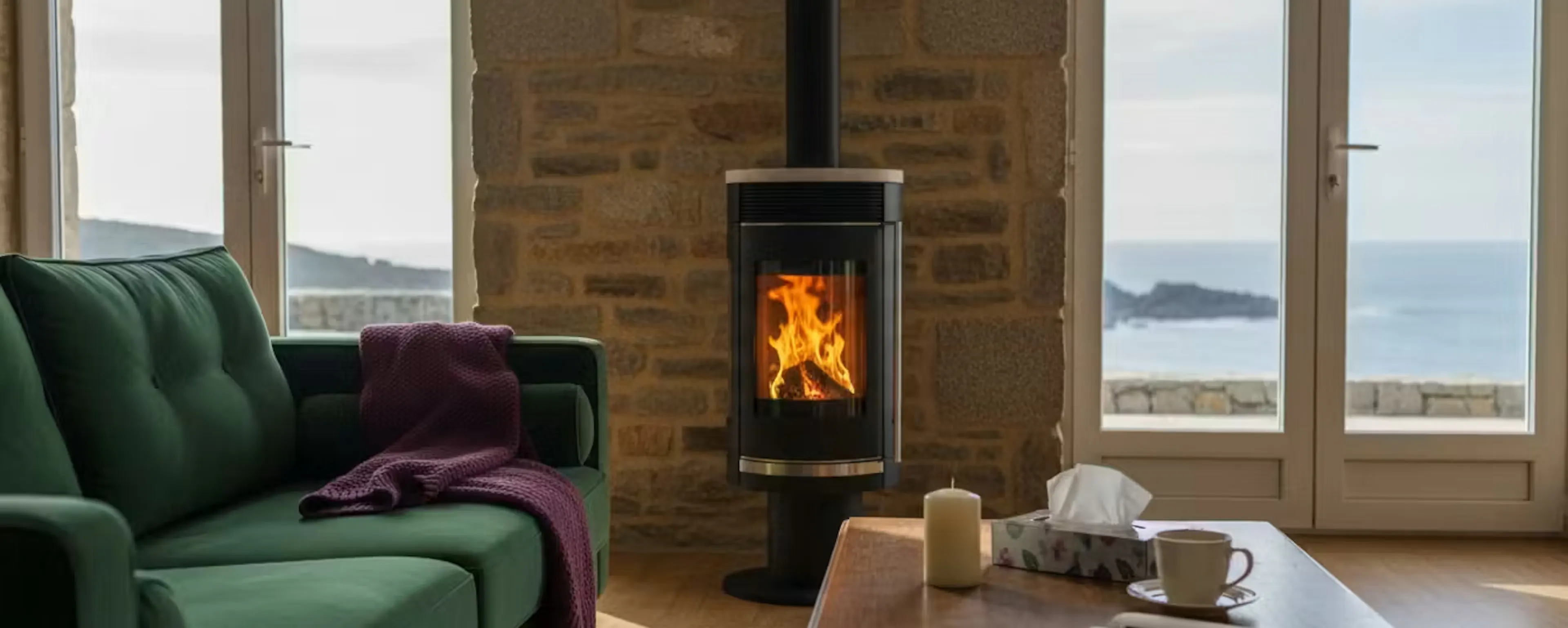 Poêle à bois Oranier Rota Twist installé dans une maison bretonne avec les aides chauffage au bois