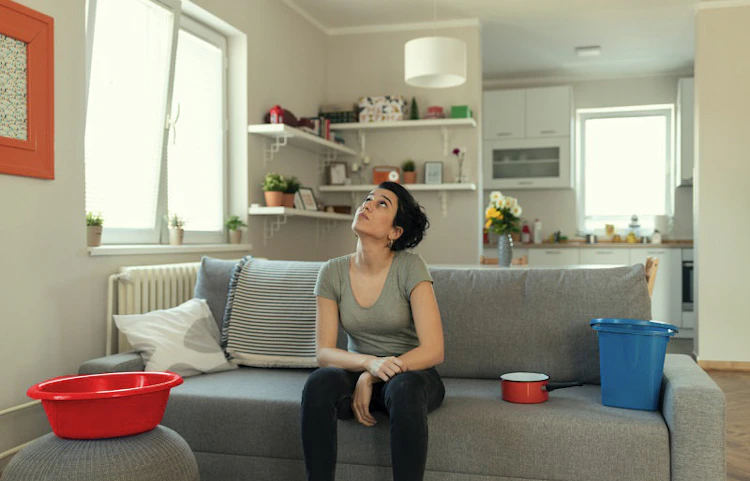 Femme assise sur un canapé avec des seaux recueillant des fuites d'eau