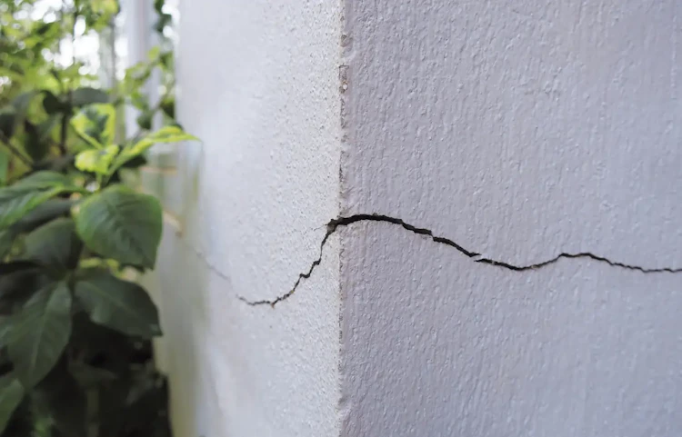 Fissure verticale sur un mur blanc extérieur