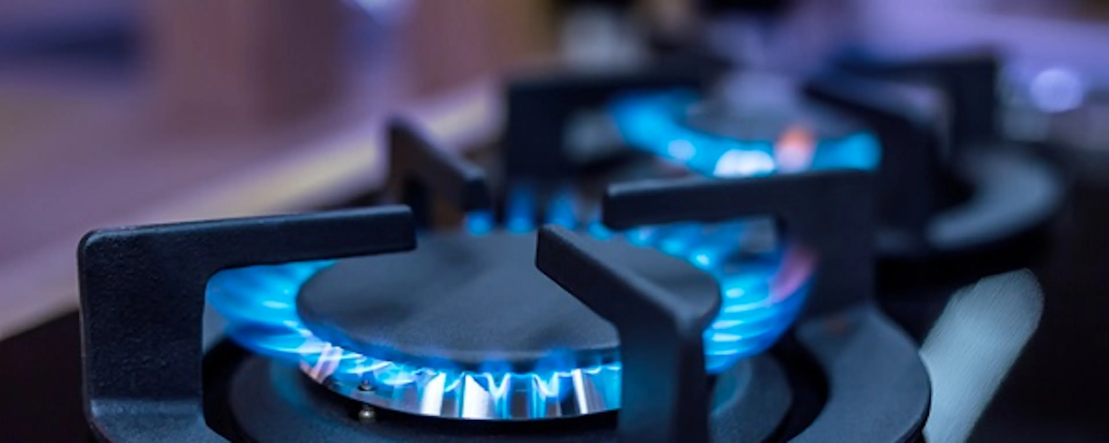 Flammes bleues allumées sur les brûleurs d'une gazinière