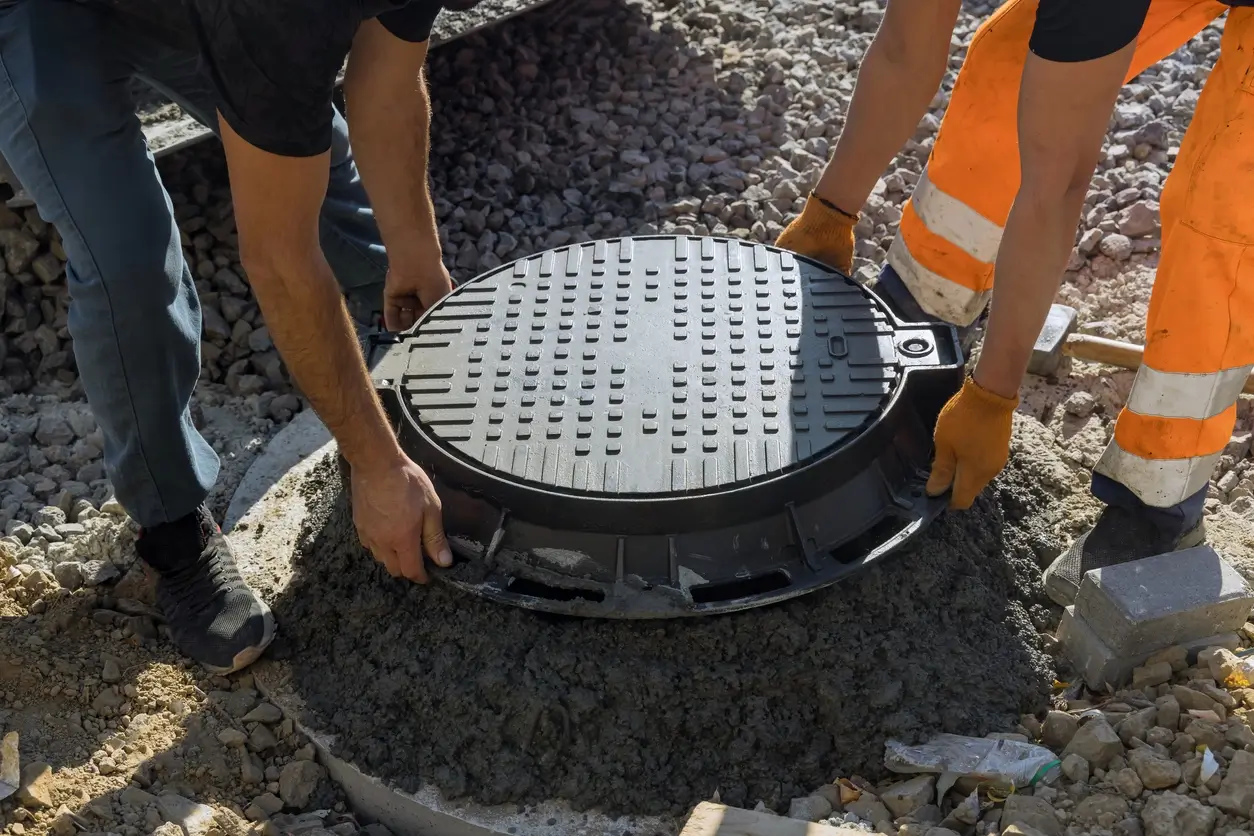 Deux ouvriers posant un couvercle de regard en fonte sur chantier