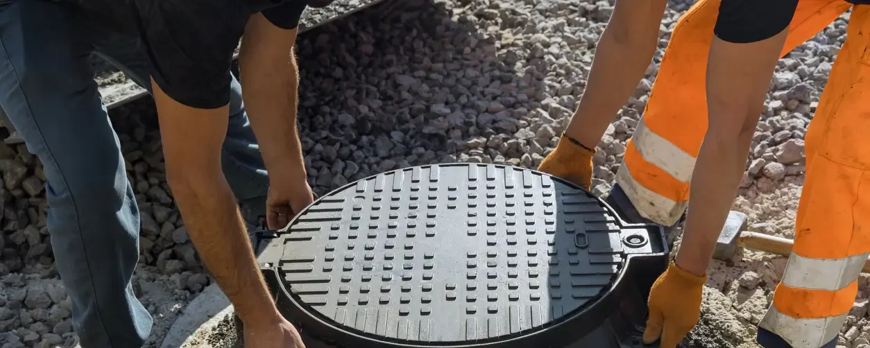 Deux ouvriers posant un couvercle de regard en fonte sur chantier