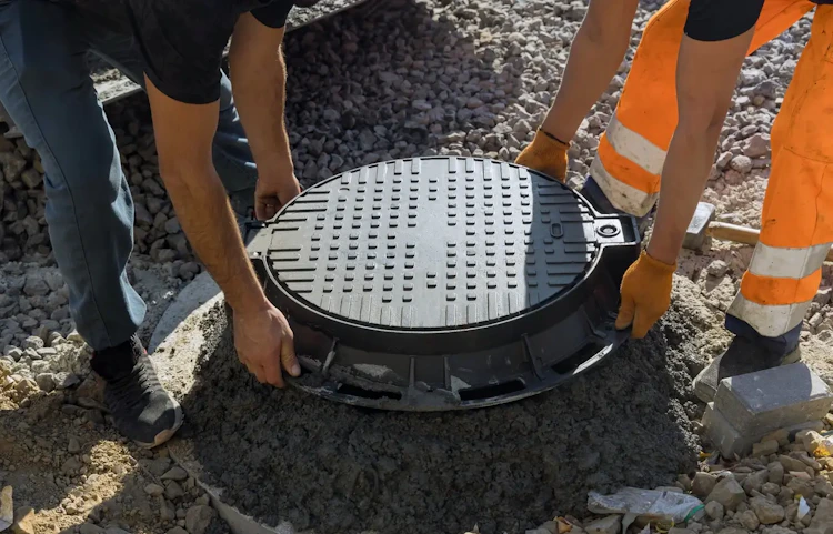 Deux ouvriers posant un couvercle de regard en fonte sur chantier