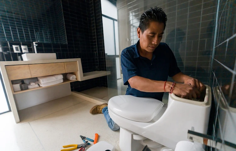 Plombier à genoux réparant les toilettes dans une salle de bain moderne