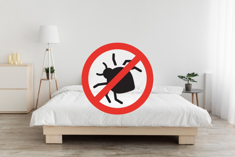 Panneau interdit sur une punaise de lit dans une chambre blanche épurée