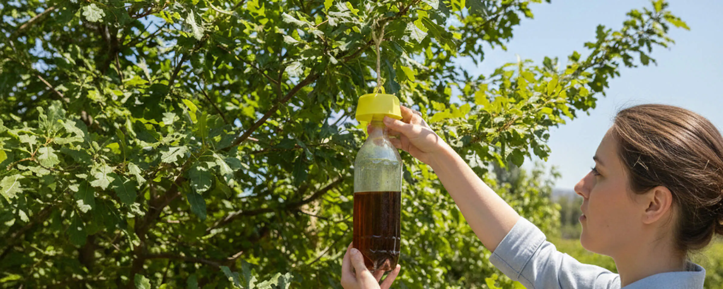 Femme accrochant un piège à insectes dans un arbre fruitier