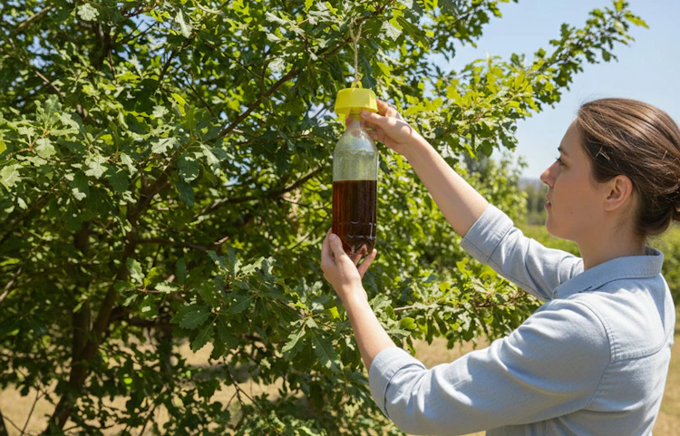 Femme accrochant un piège à insectes dans un arbre fruitier