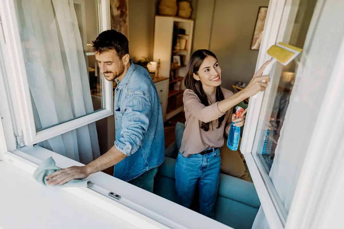 Couple nettoyant ensemble les vitres d'une fenêtre intérieure