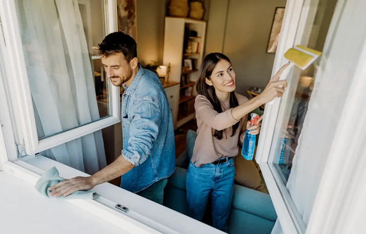 Couple nettoyant ensemble les vitres d'une fenêtre intérieure