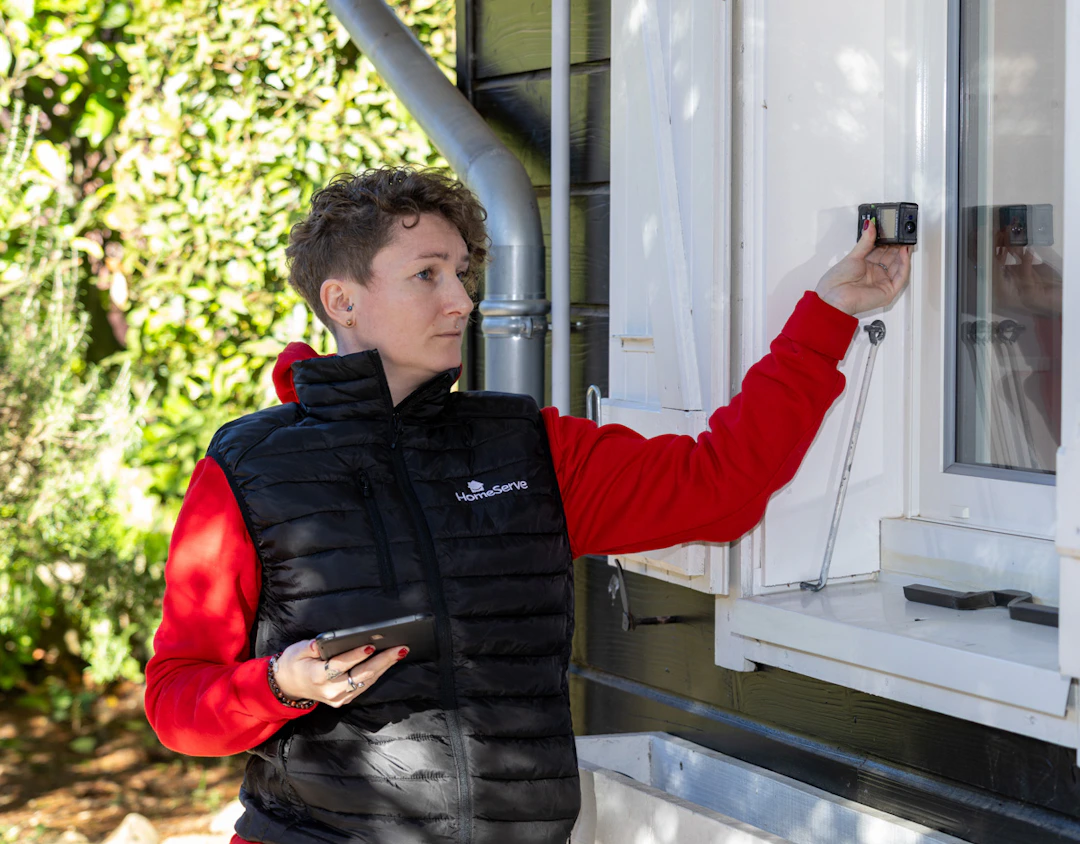 Conseillère technique HomeServe prenant les mesures d'un cadre de fenêtre en vue de l'isolation de la maison