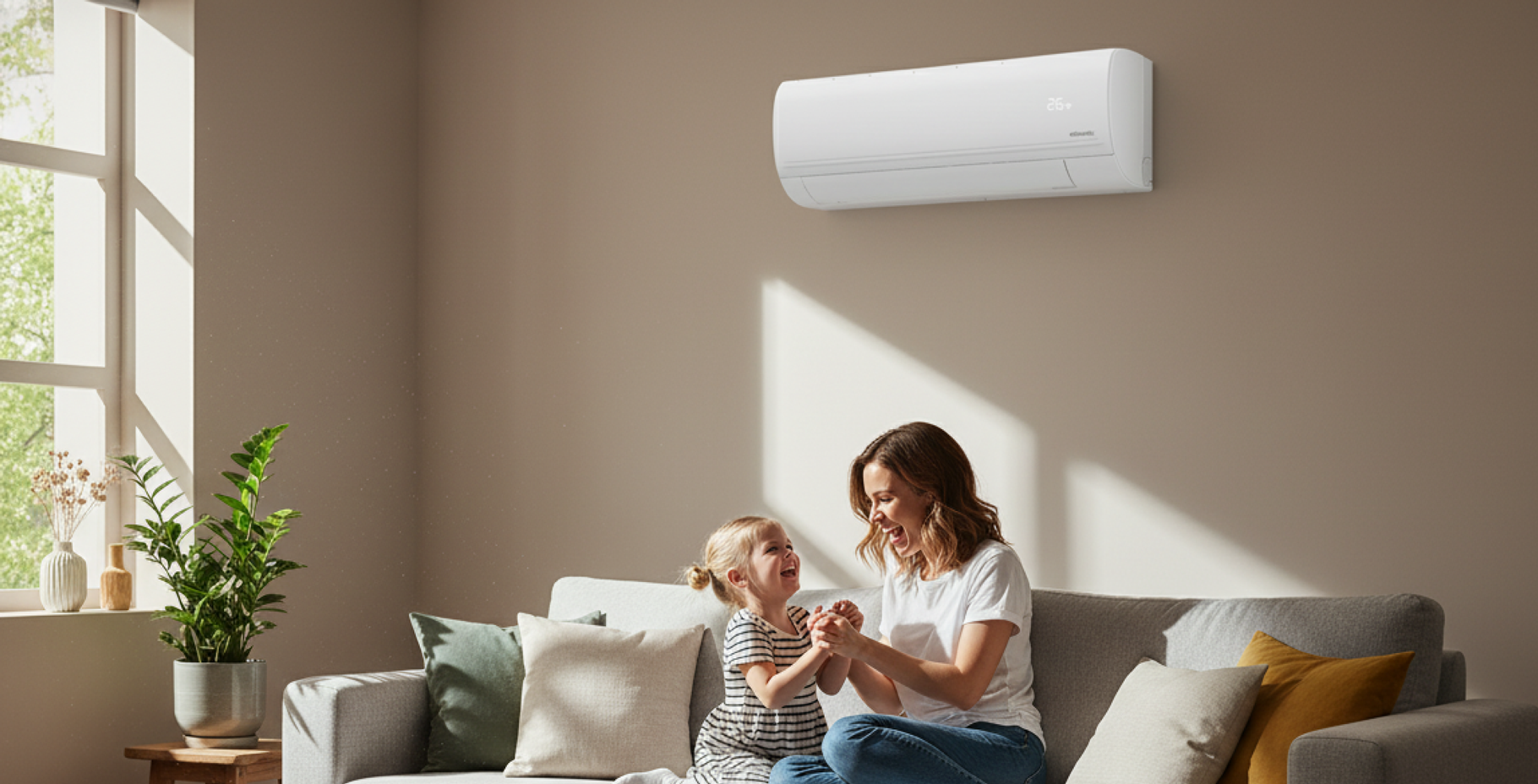 Une mère et sa fille jouent dans le salon lumineux de leur maison, sur le mur derrière elles, un climatiseur Atlantic Murao Smart blanc mat