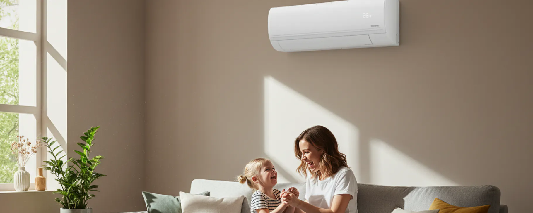 Une mère et sa fille jouent dans le salon lumineux de leur maison, sur le mur derrière elles, un climatiseur Atlantic Murao Smart blanc mat