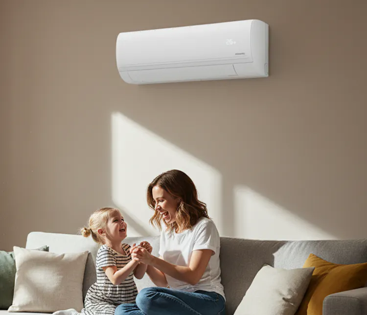 Une mère et sa fille jouent dans le salon lumineux de leur maison, sur le mur derrière elles, un climatiseur Atlantic Murao Smart blanc mat