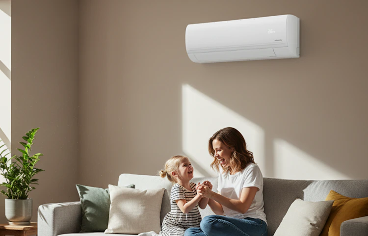 Une mère et sa fille jouent dans le salon lumineux de leur maison, sur le mur derrière elles, un climatiseur Atlantic Murao Smart blanc mat