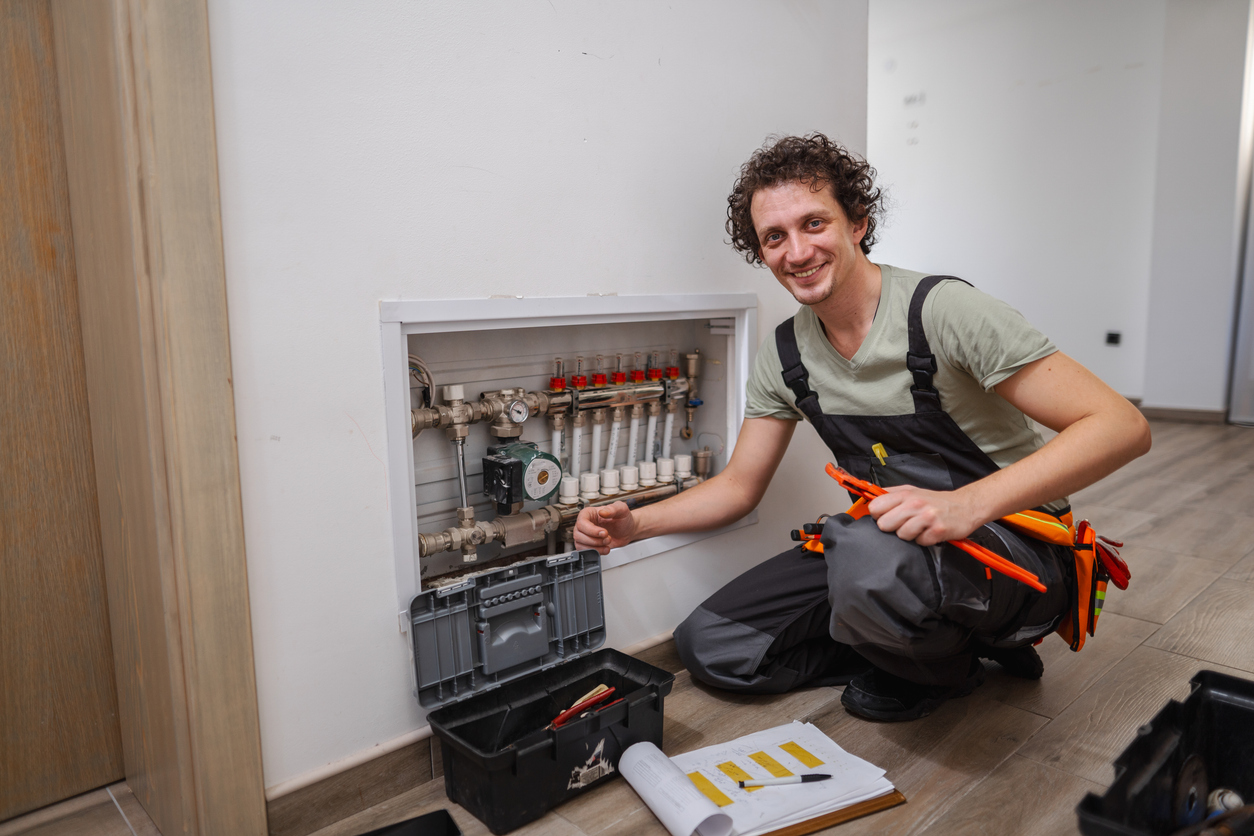 Technicien, en train de réaliser l'installation d'un plancher chauffant près de Cherbourg-en-Cotentin dans la Manche