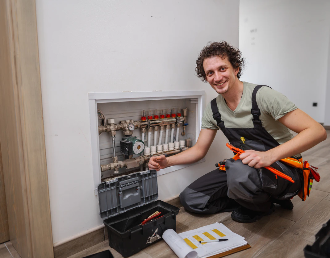 Technicien, en train de réaliser l'installation d'un plancher chauffant près de Cherbourg-en-Cotentin dans la Manche