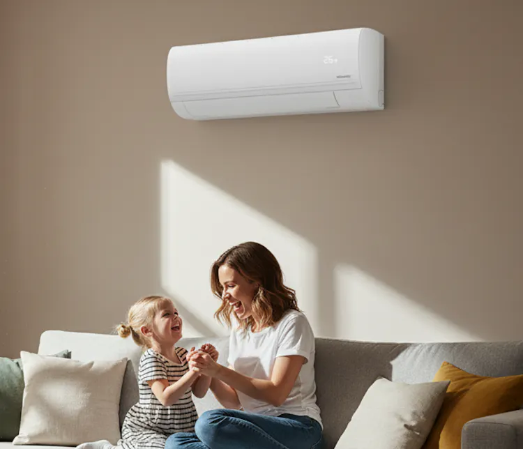 Une mère et sa fille jouent dans le salon lumineux de leur maison, sur le mur derrière elles, un climatiseur Atlantic Murao Smart blanc mat