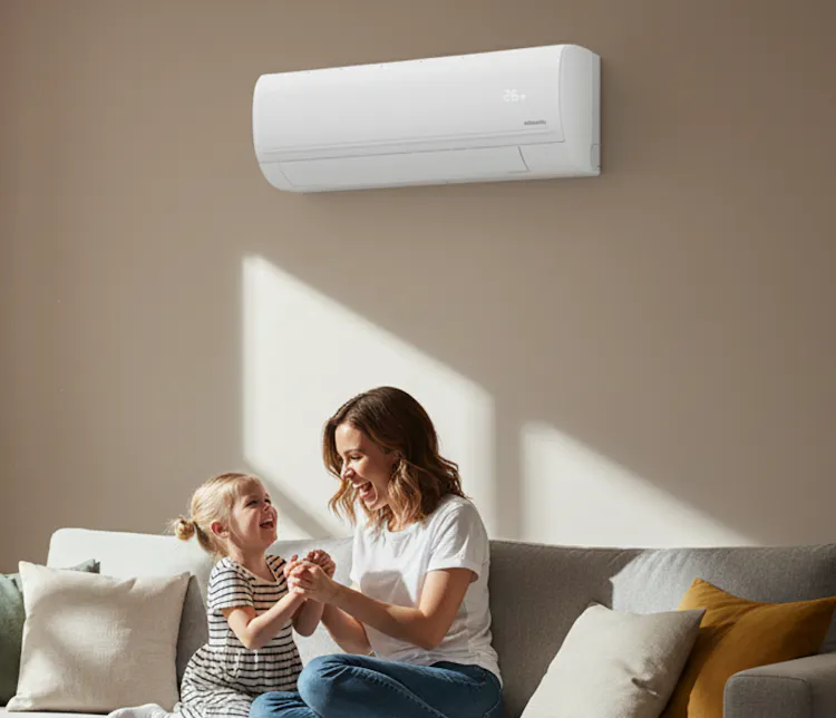 Une mère et sa fille jouent dans le salon lumineux de leur maison, sur le mur derrière elles, un climatiseur Atlantic Murao Smart blanc mat