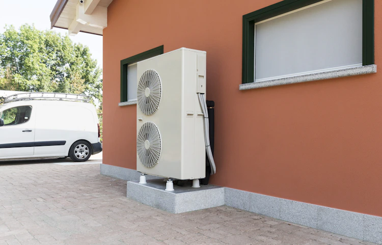 Pompe à chaleur air eau installée le long du mur d'une maison neuve respectant la norme RE2020
