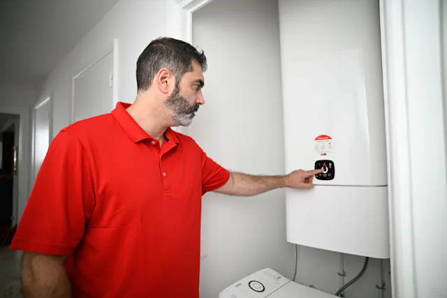 Technicien chauffe-eau vérifiant l'appareil après sa pose