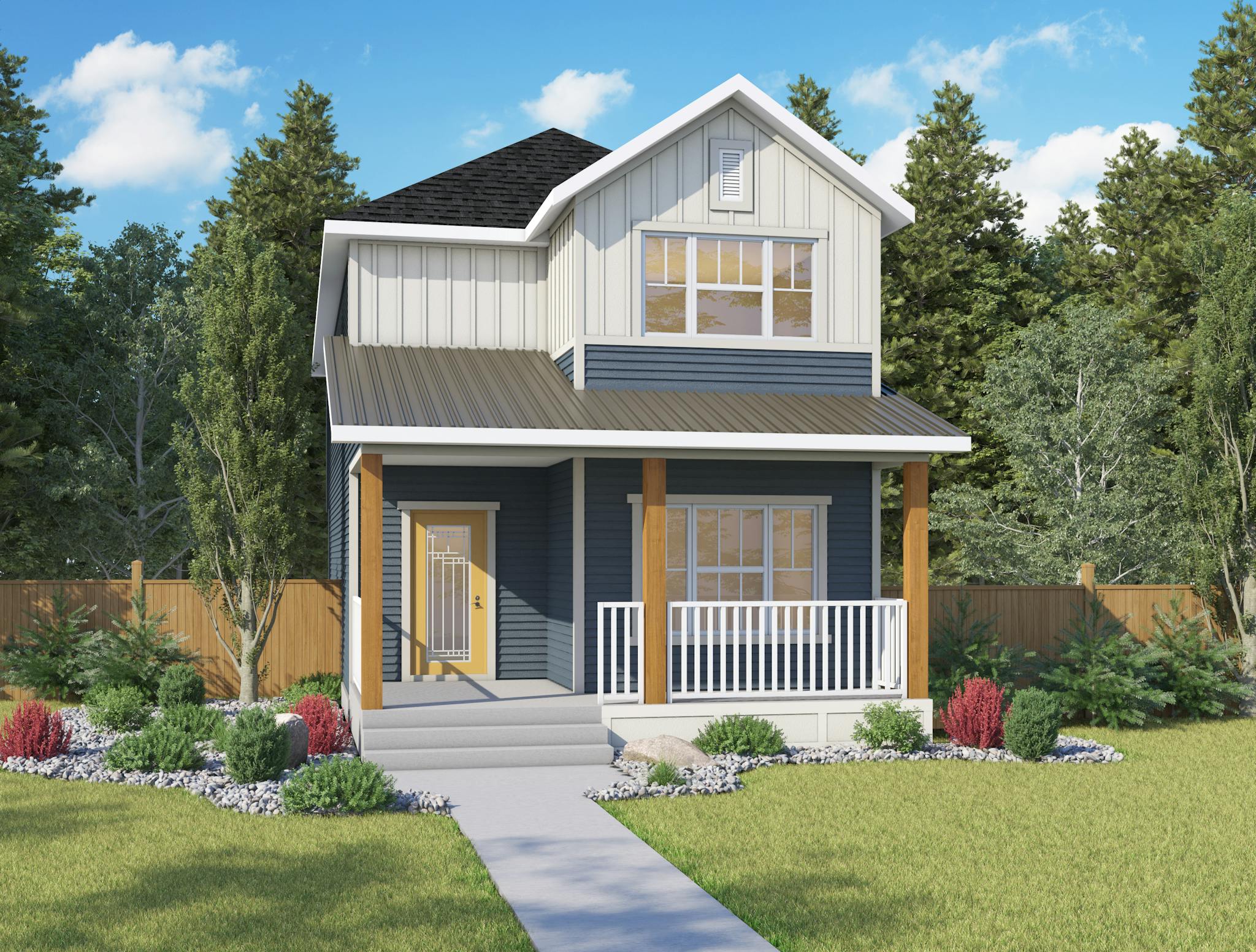Grey and brown home with a landscaped front yard and trees behind