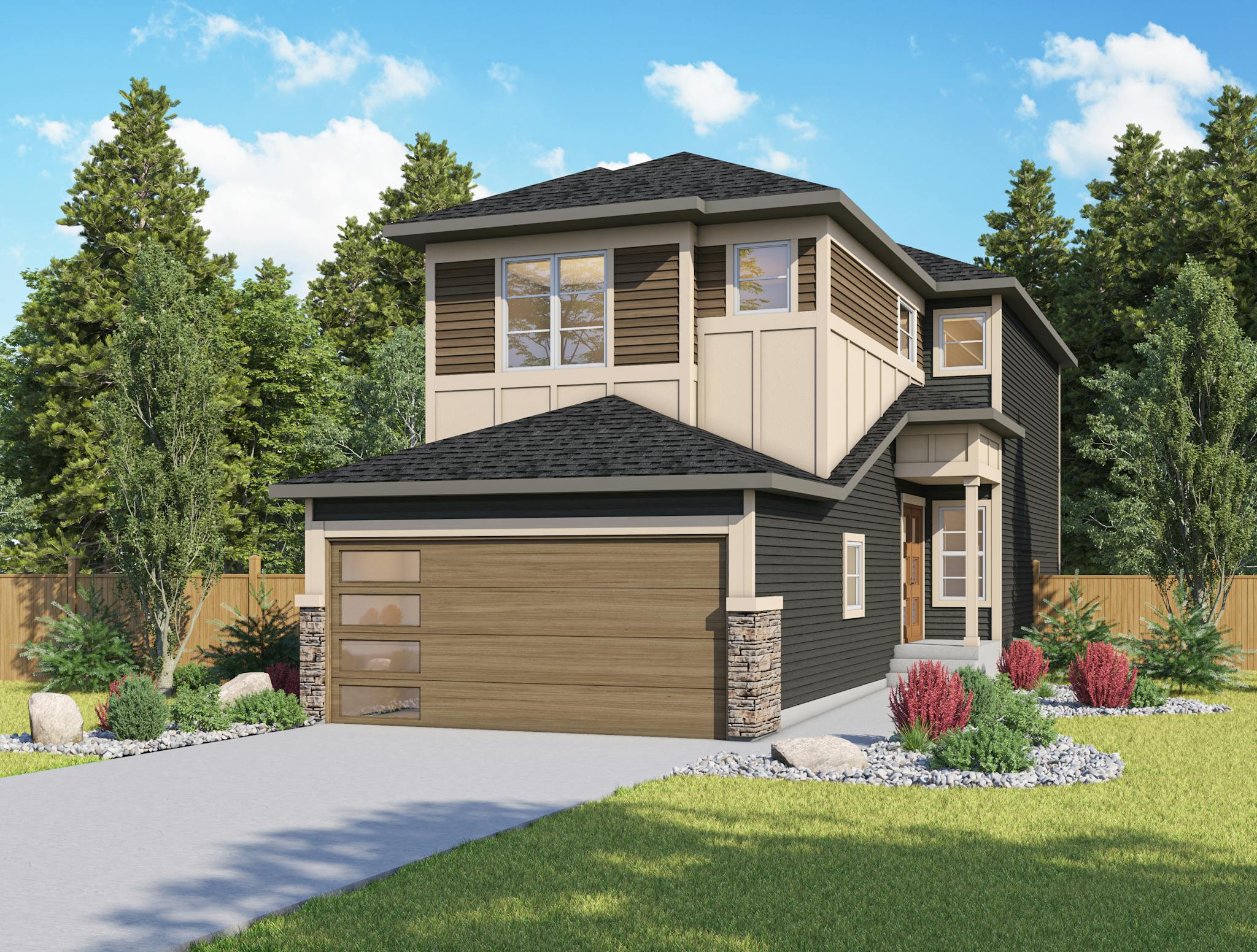 Brown and black home with a landscaped front yard, with blue trees behind and a blue sky above