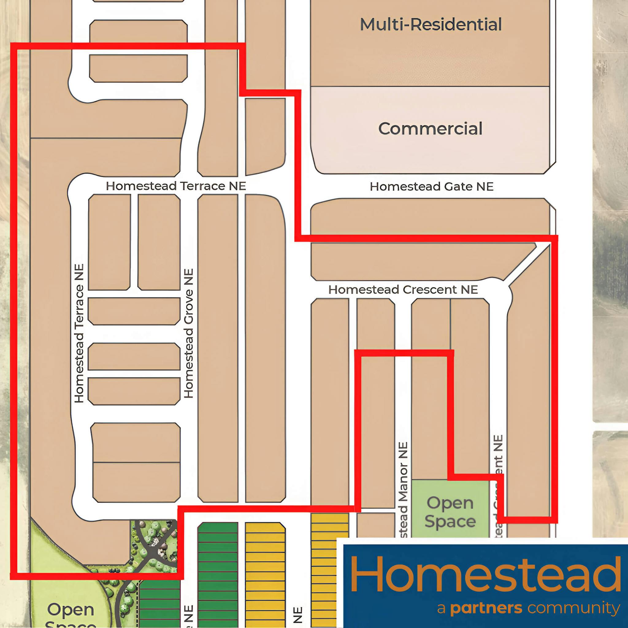 Map of Homestead neighbourhood with 'Homestead: A Partners Community' written in the bottom-right corner.