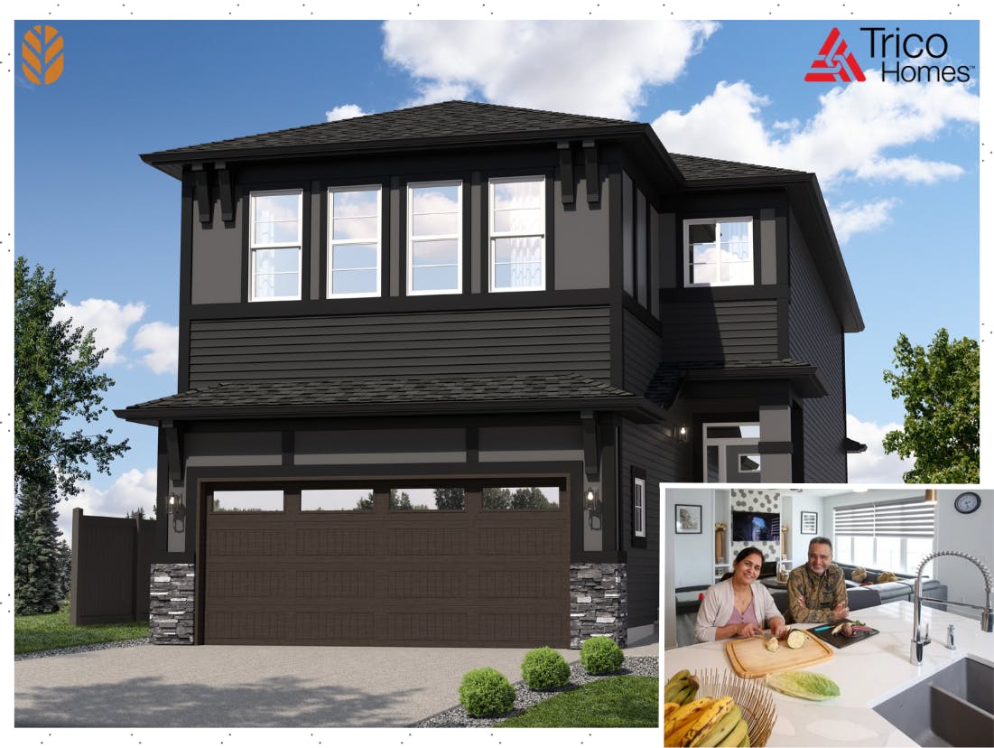 Black showhome render with the words 'Trico Homes' in the top-right corner, with a photo of two happy homeowners in their kitchen overlaid in the bottom-right.