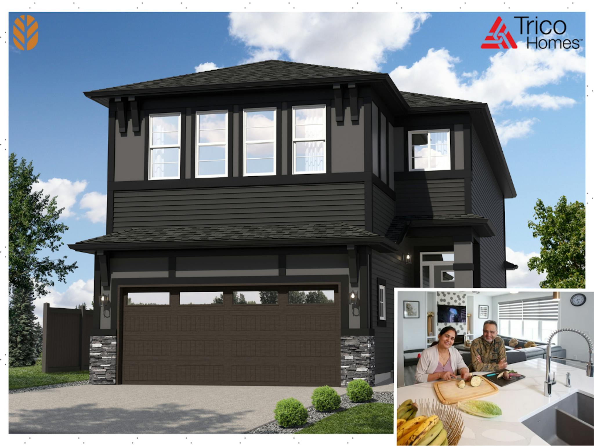 Black showhome render with the words 'Trico Homes' in the top-right corner, with a photo of two happy homeowners in their kitchen overlaid in the bottom-right.