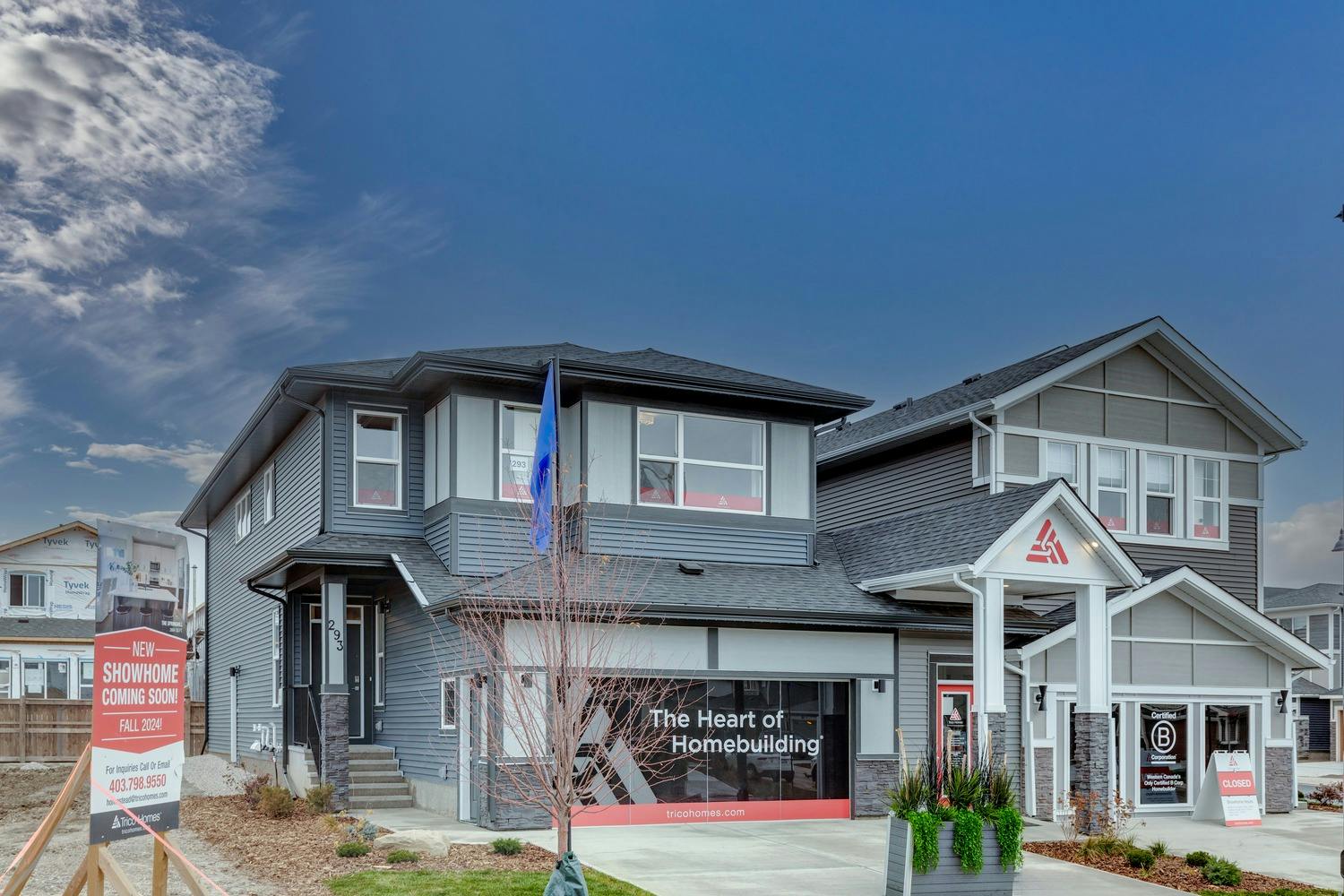 Trico Homes showhome in Homestead, under a blue sky