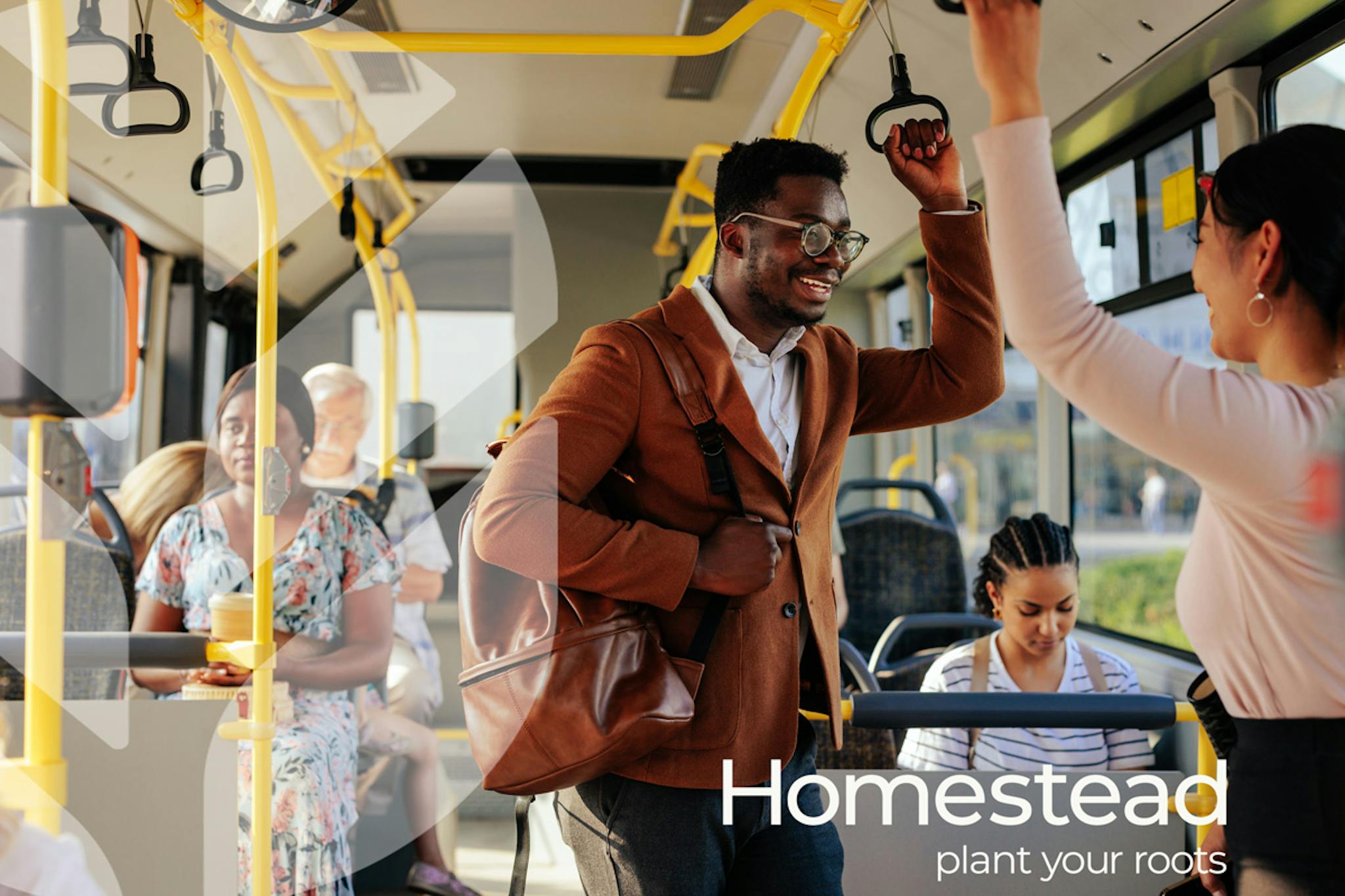 Two people chat on the bus, with text overlaid reading 'Homestead: Plant Your Roots'