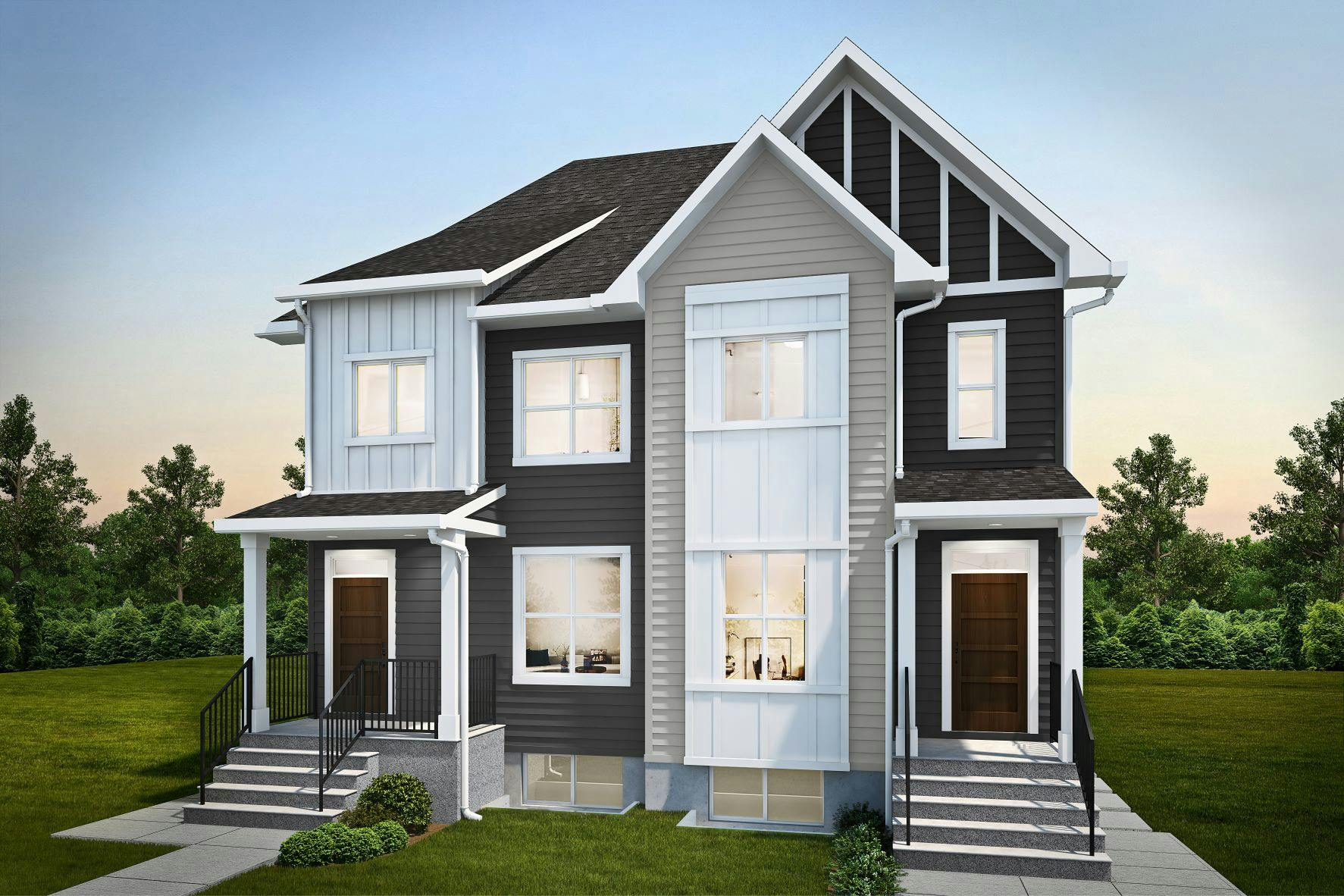 Black and beige duplex house render under a hazy blue sky