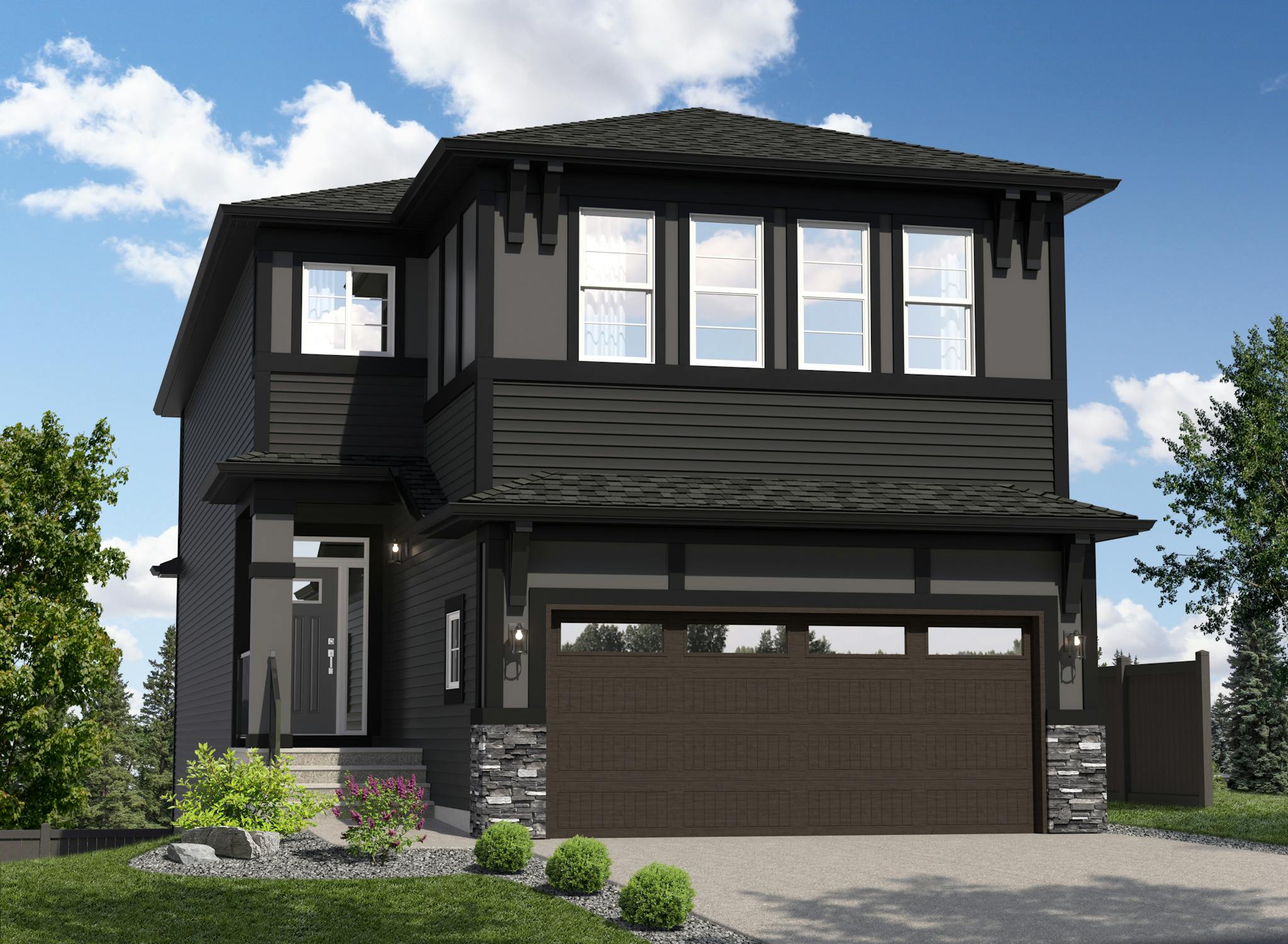 Black Showhome Springhill A1 rendered under a blue sky with landscaping out front