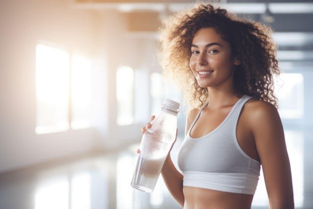 Young Woman Works out and Drinks Bottled Water