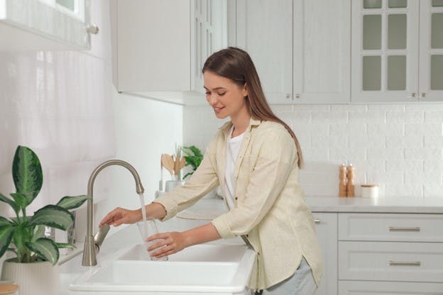 Kansas City Tap Water Woman Fills Glass From Kitchen Sink