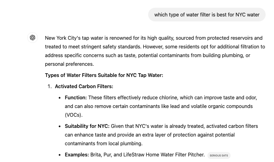SearchGPT Water Type Filters Inquiry