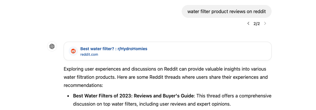 SearchGPT Inquiry on Water Filter Reviews