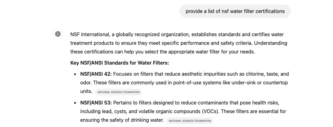 SearchGPT Inquiry on NSF Water Certifications