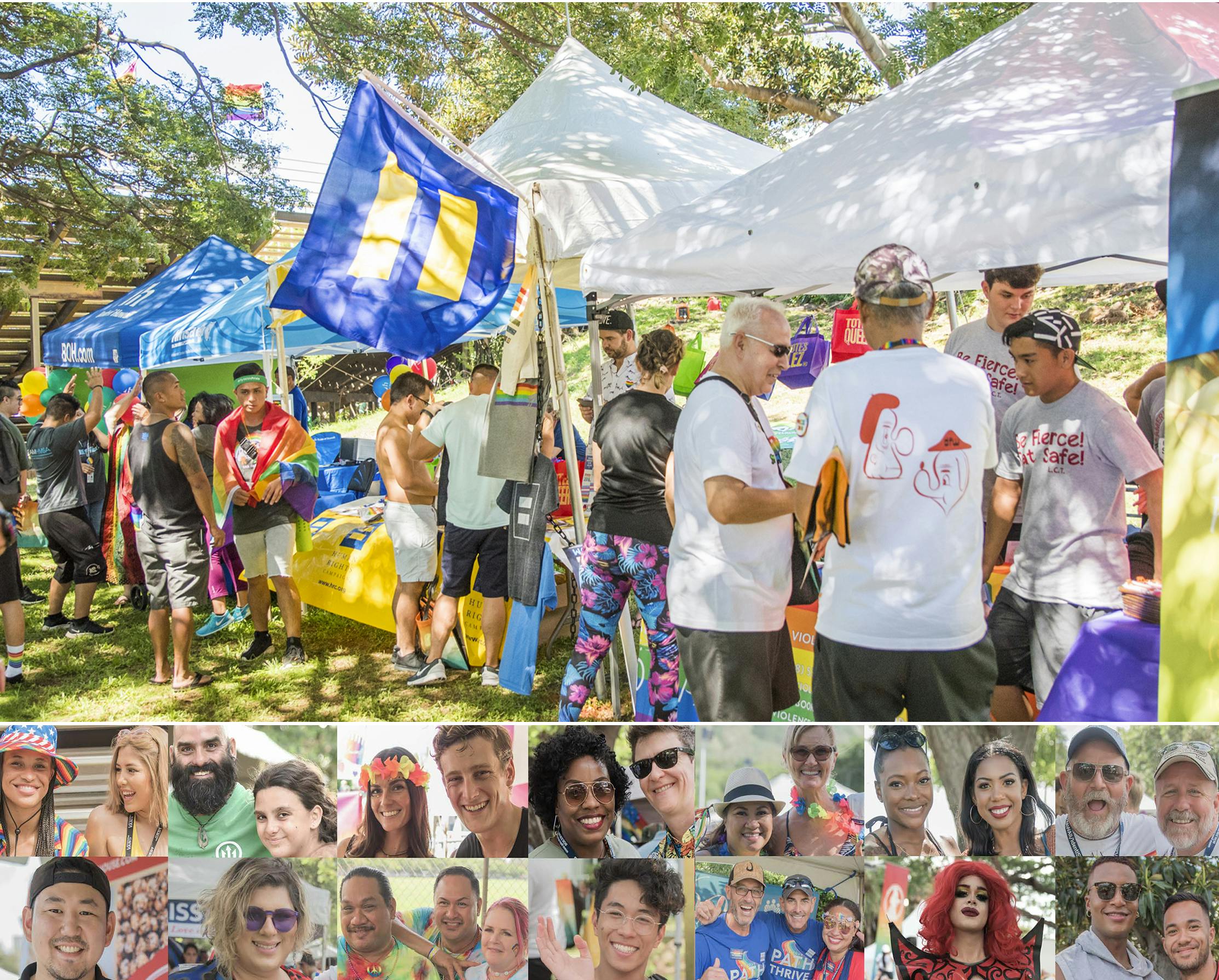 Attendees visit tents and booths under trees at the Honolulu Pride Festival. Beneath the main image, fourteen close up images of diverse attendees, including people of various ethnicities, ages and genders, smiling at the camera. 